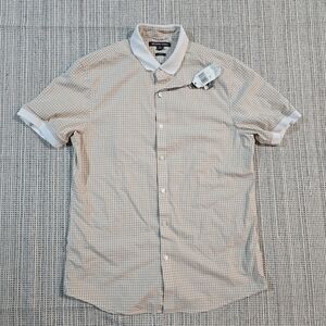 Michael Kors Men’s Stretch Gingham Check Khaki Slim Fit Short Slives Shirt M NWT